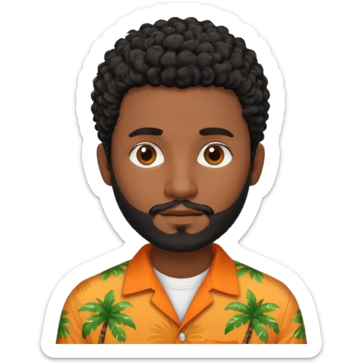 create an emoji of a man but with very very short curly black hair, dark skin, dark brown eyes and a short beard without a moustache and an orange and tropical shirt sticker