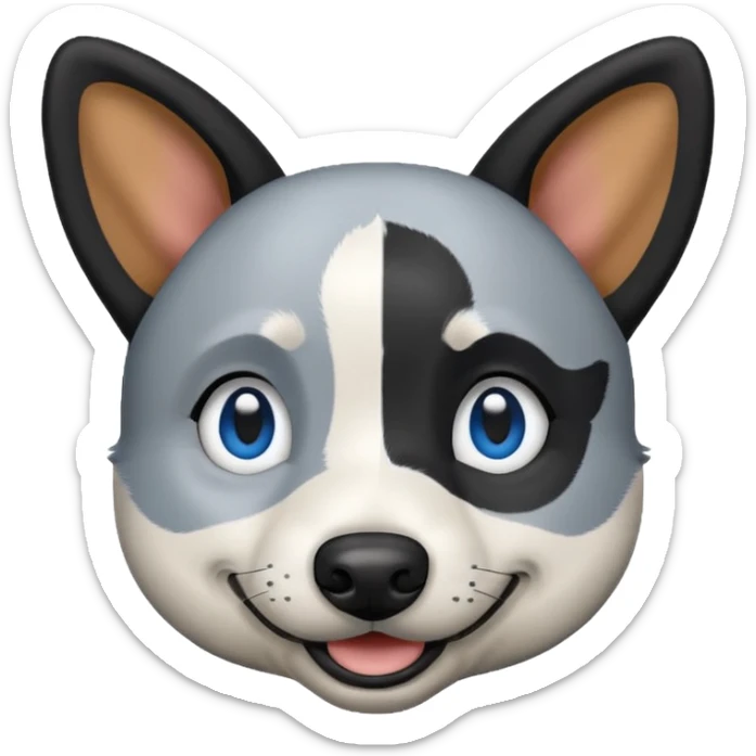 black, grey, and white blue heeler dog, emoji style, head only, smiling, cartoonish features sticker