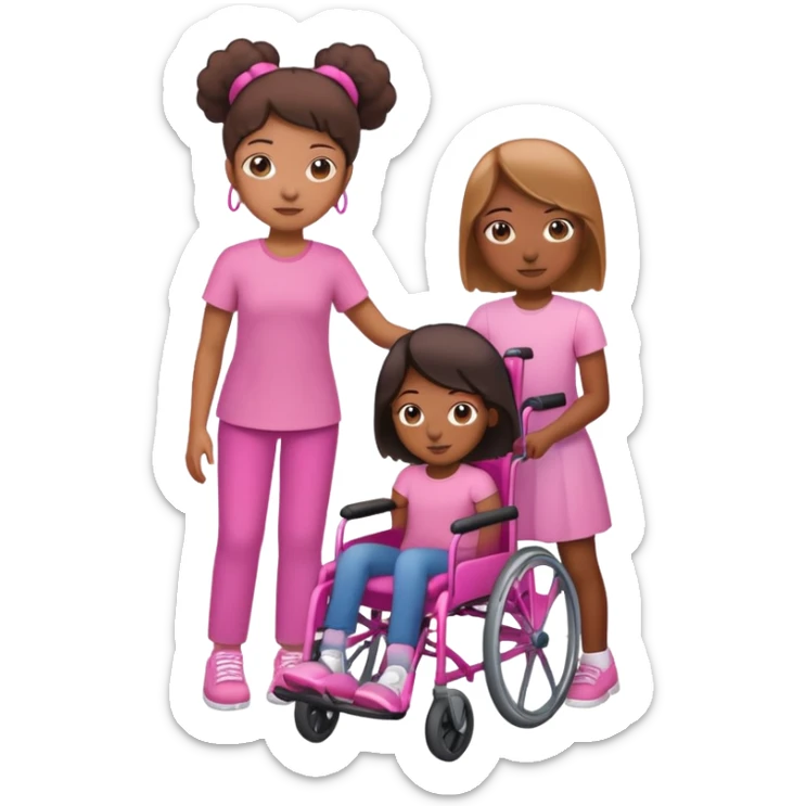 One tan skin sister standing behind her brown skin sister in a pink wheelchair sticker