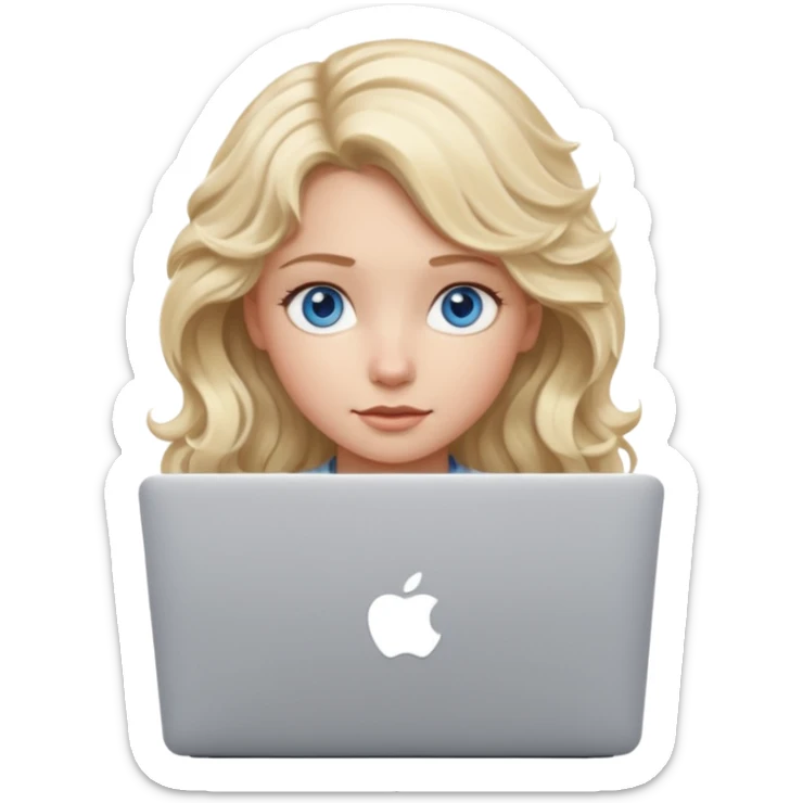 blond girl, blue eyes, hair wavy, , behind her silver colored laptop from apple, she looks straight infront of her, looks a bit taller sticker