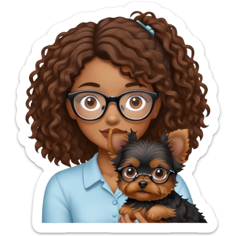 Young woman with brown curls and eyeglasses holding a small yorkie dog sticker
