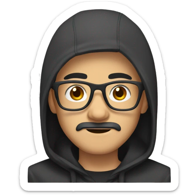 Asian Guy with long black hair and square glasses, mustache and black hoodie sticker
