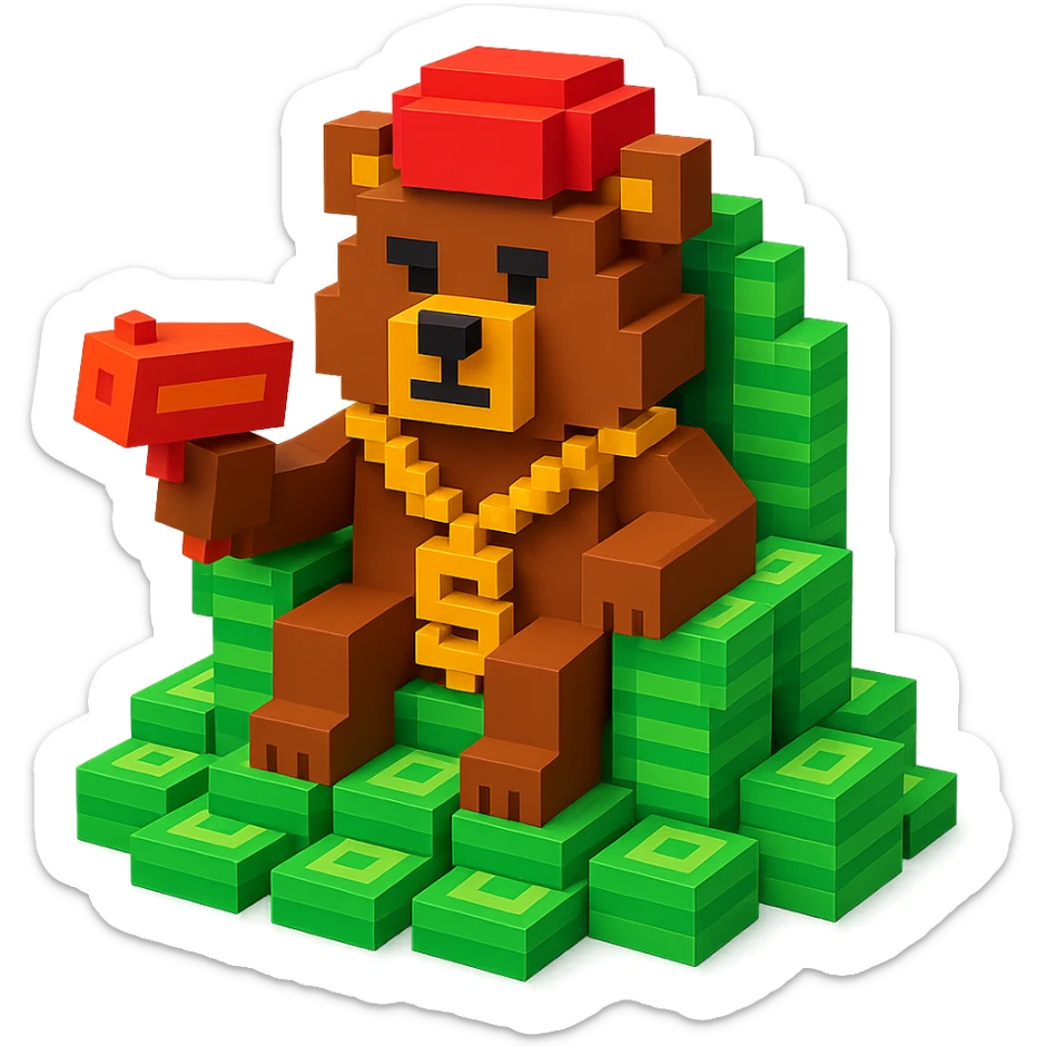 Russian grizzly bear with a rapper chain and a money gun, sitting on a throne of cash sticker