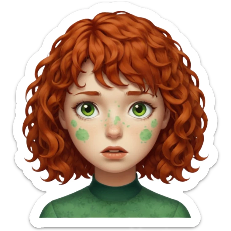 quero que você cria uma mulher, o rosto dela. nela, ela tem cabelo curto e ondulado, tem franja e ela tem semblante triste, deixe ela com pele verde. cabelo cacheado(avermelhado). ( ela tem aparência terroristica) olhos anormais assim como a boca) deixe ela com sardas sticker