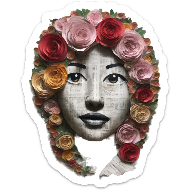 Person face portrait made entirely of newspaper cuttings and roses sticker