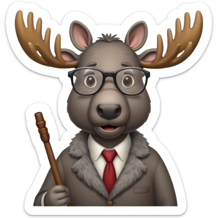 Create a slack emoji of a moose that looks very old.  He may have grey hair, glasses, and a cane. sticker