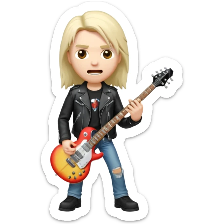 3D Apple-style emoji of a metal musician holding an electric guitar with a bold "ROCK" sign above. Long hair, black leather jacket, ripped jeans, intense expression. Rounded, glossy, smooth, soft shadows, white background.











 sticker