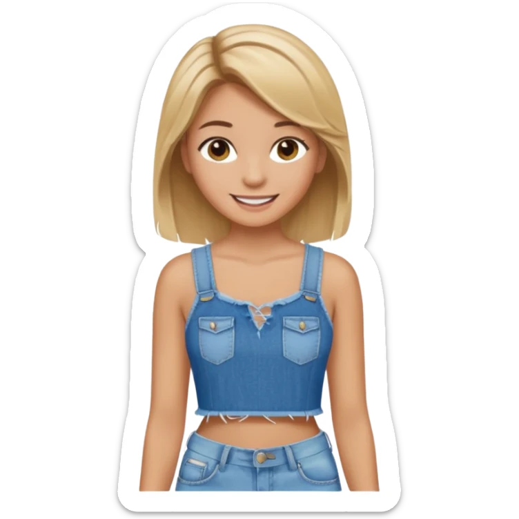 preppy teen girl, tan, blonde highlights, brown hair, long eyelashes, beach aesthetic, wearing cute clothes, sexy, wearing ripped blue jeans with a crop top sticker