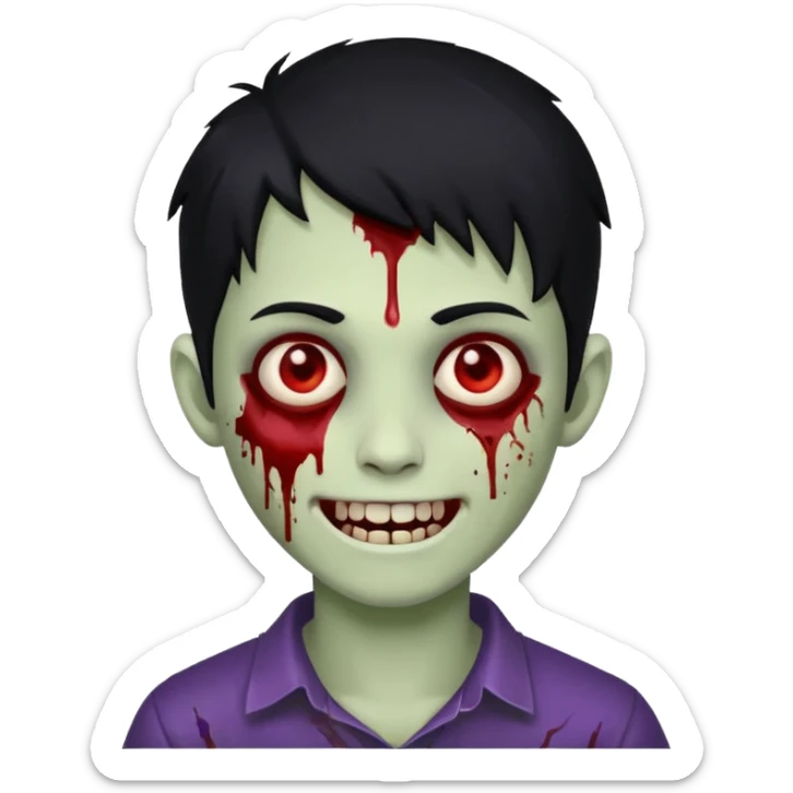 Teen zombie with black hair smiling with blood all over him sticker
