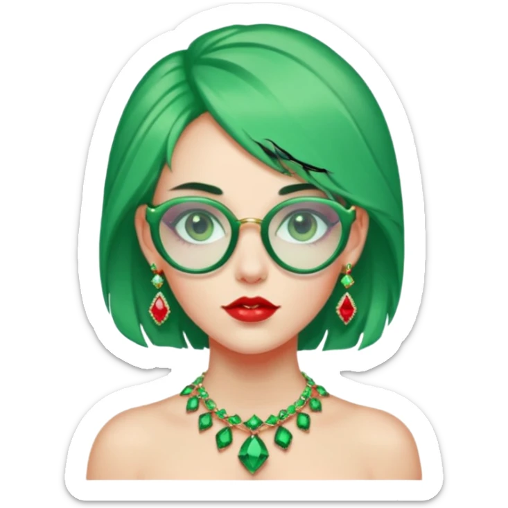 gem lover woman with gem accessories excessive amount gem glassess very big gem earrings green hair and red diamonds sticker
