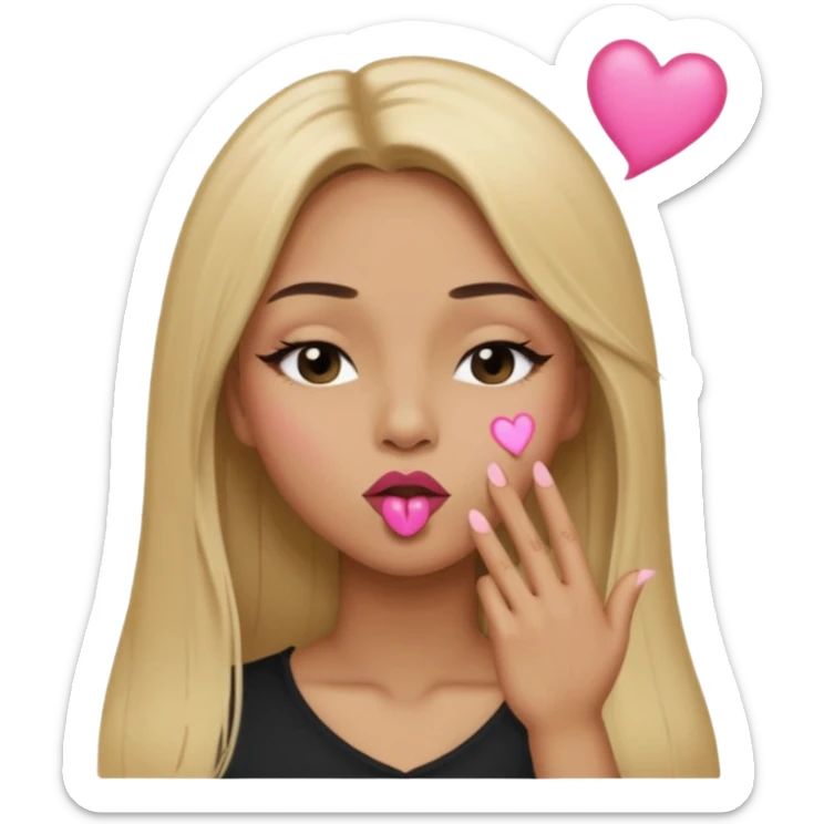Mujer color de piel moreno claro, con cabello rubio largo, lacio y suelto, ojos negros, labios rosa, mandando un beso con un ojo cerrado  sticker