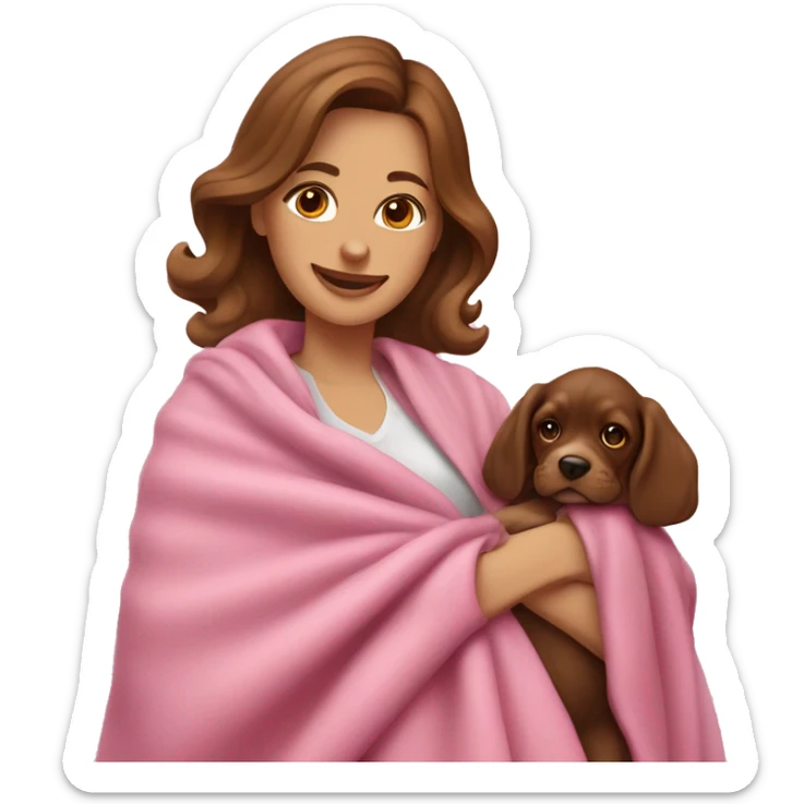 a woman with brown hair is cradling her puppy in a pink baby blanket. the puppy is a cocker spaniel. the woman is smiling with mouth ajar. you can see the woman cradling the puppy like a baby from her waist up.  sticker