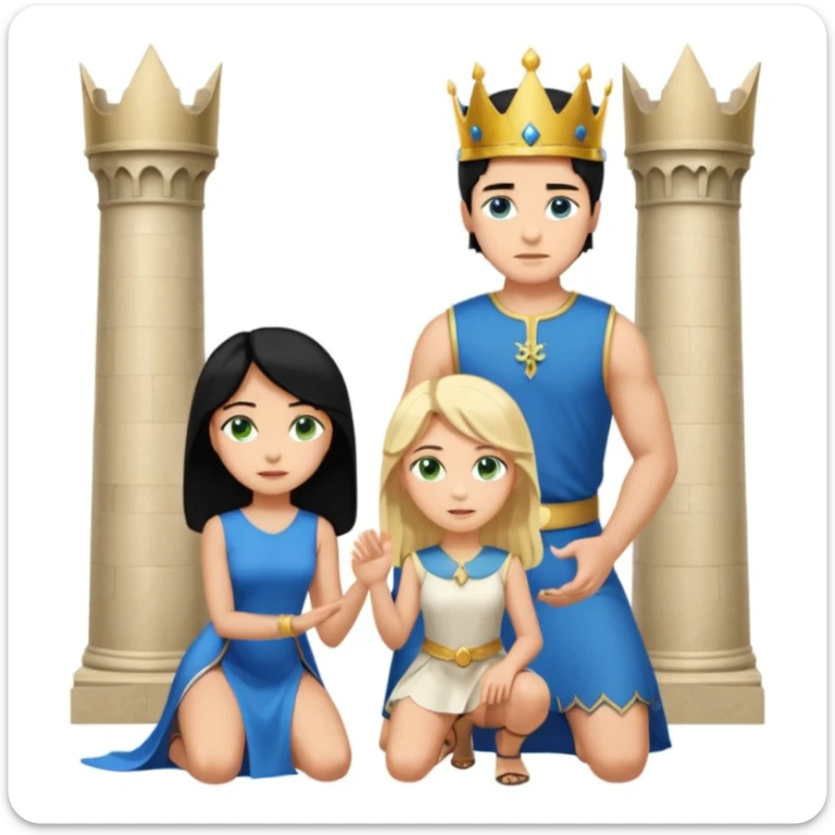 Man as king, standing, black Hair, blue eyes, female Servoamt, blonde, green eyes, shott white sleveless Dress, kneeling, background palace sticker