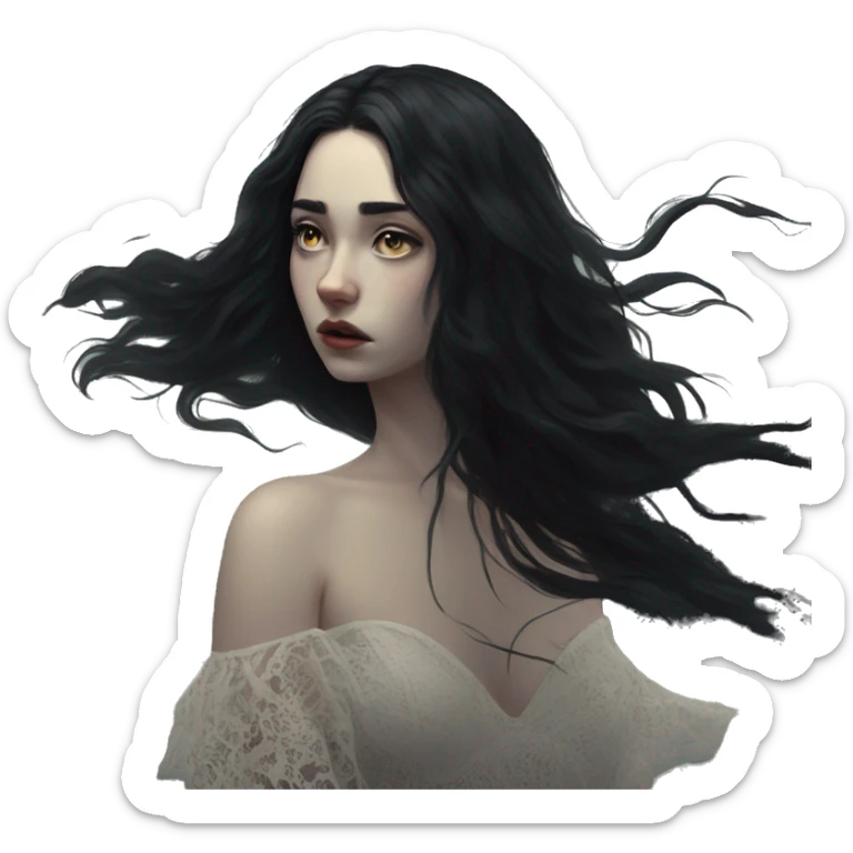 Dramatic girl  very pale with dark lighting  with black hair  in river with very very long lace dress  black long hair flying in the wind sad face  sticker