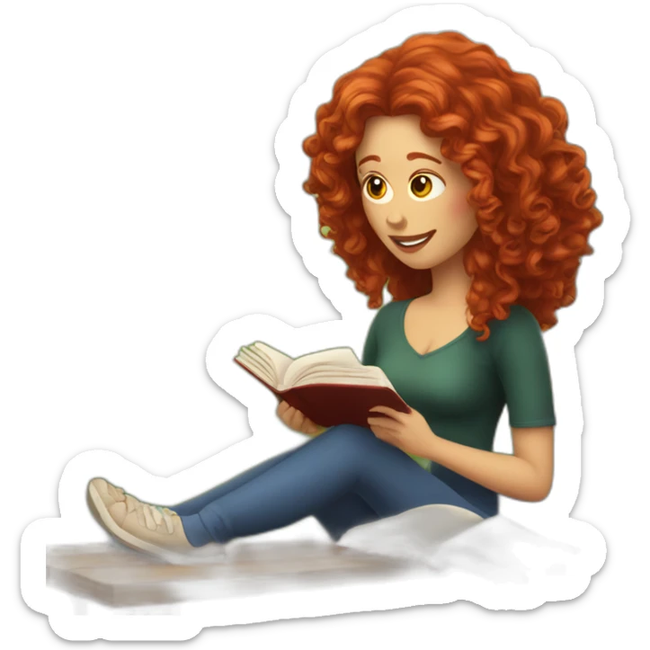 White woman with long curly red hair reading a book with a glass of wine in a park sticker
