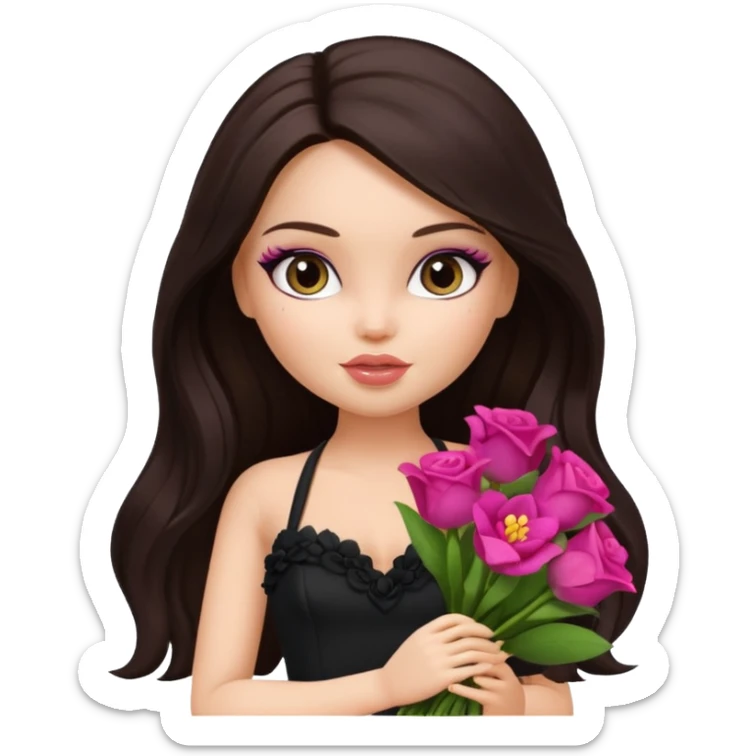 pretty bratz doll with makeup with dark halterneck top, long dark brown hair holding big bouquet of flowers sticker