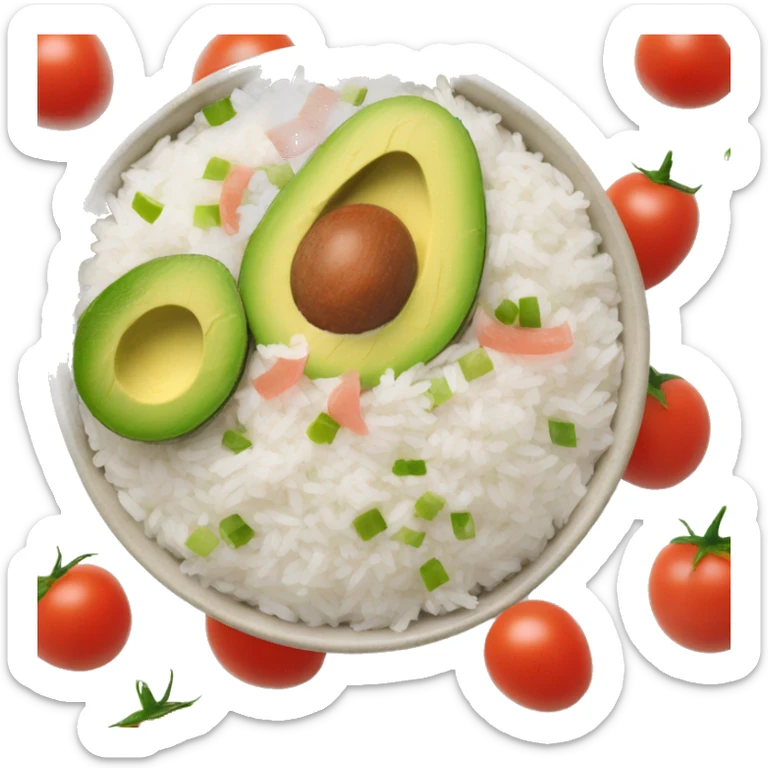 a big bowl with white rice, tomatoes, green sliced paprika, sliced avocado and pink joghurt sticker