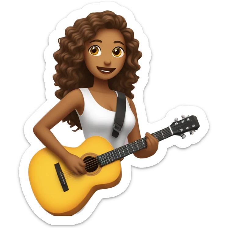 Chica de pelo café y ondulado y un vestido blanco sosteniendo una guitarra sticker
