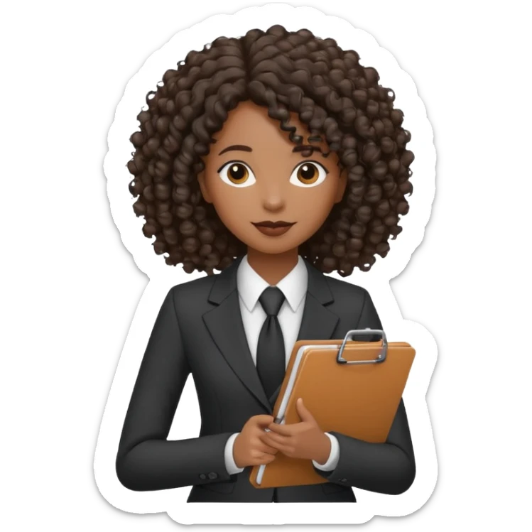 black woman in a suit holding a clipboard with curly hair sticker