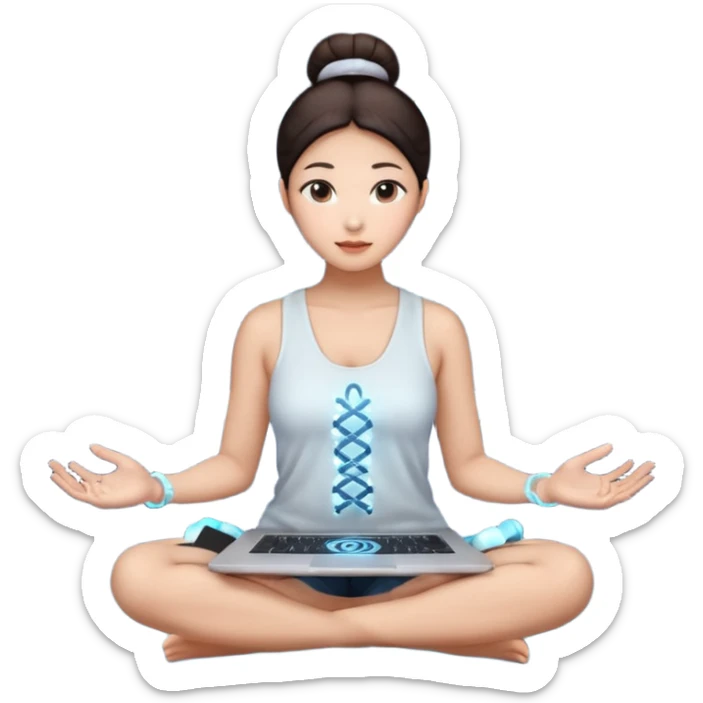 emoji of an asian woman with a single bun sitting cross legged with dna levitating above one hand and a laptop above the other hand sticker