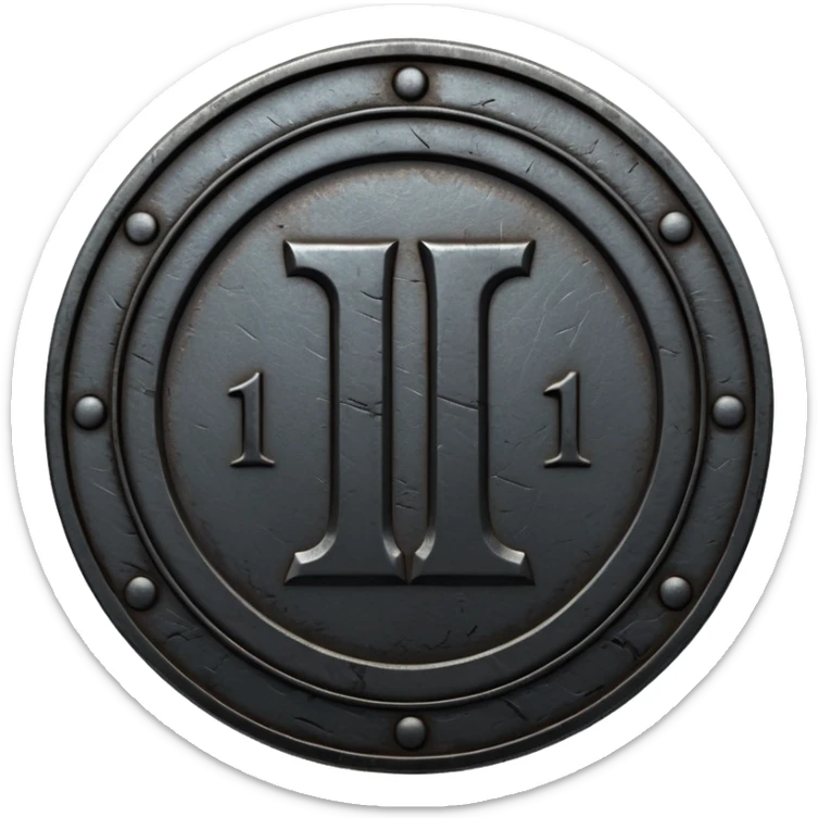 Minimal emoji, gothic metal coin made of black steel, engraved number 1 at the center, ancient industrial aesthetic, worn metal texture, no glow, no neon, flat emoji design, centered, transparent background sticker