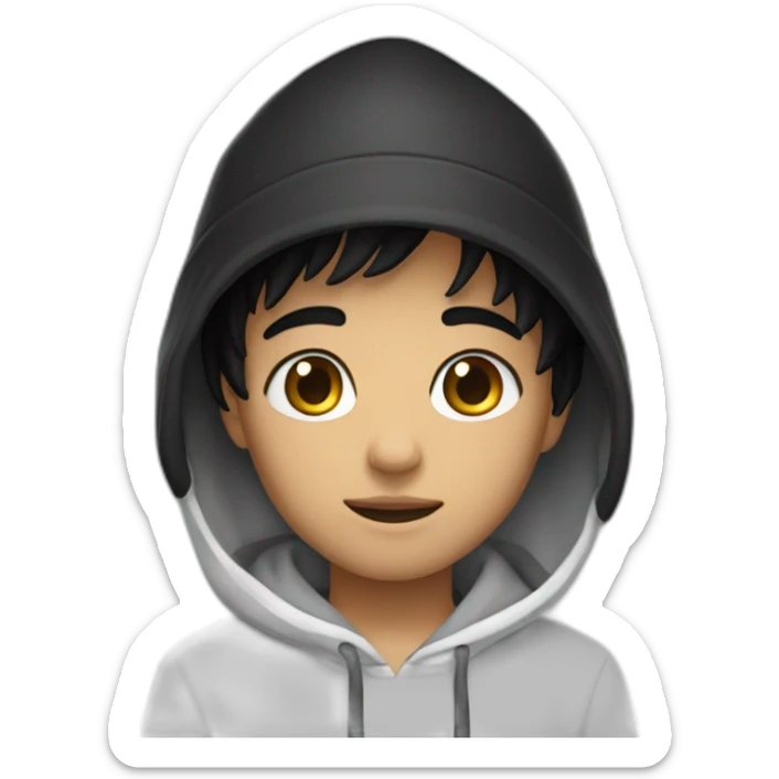 A boy with black eyes and black hair, wearing a black bucket hat and a white hoodie  sticker