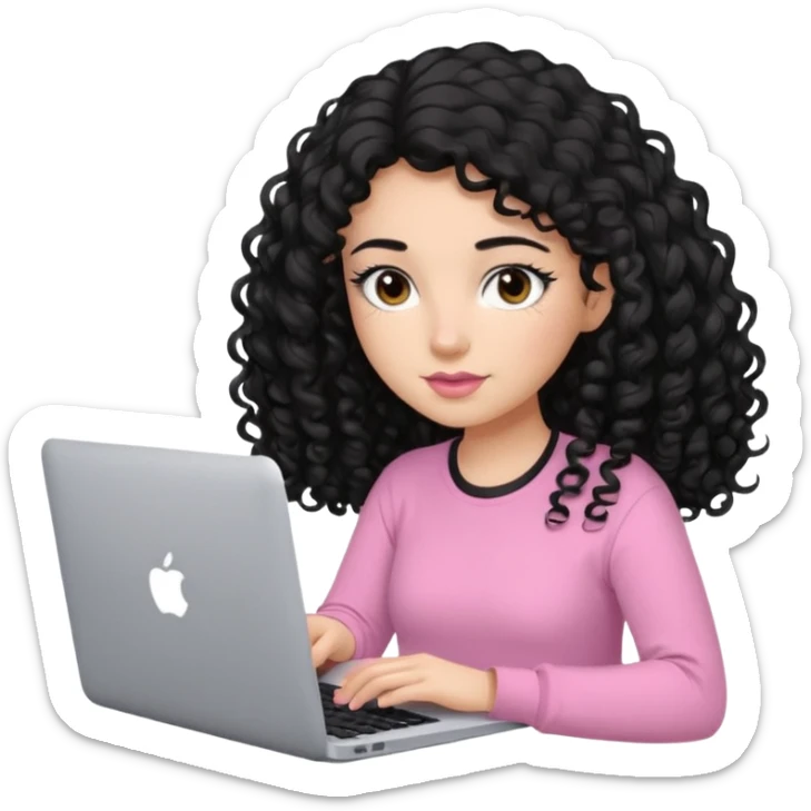 a girl typing mac book with long black curly hair and brown eyes with black eyeliner, pink shirt, social media manager sticker