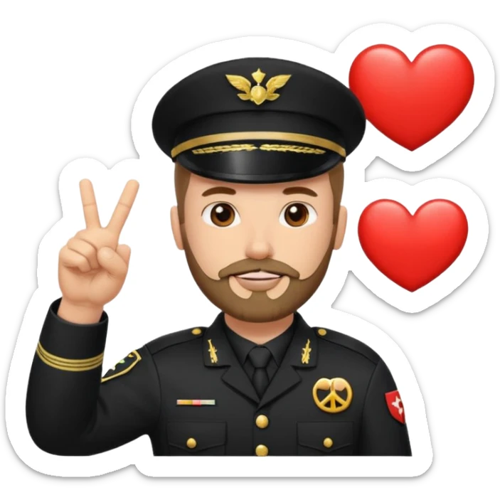 "Generate an emoji of a soldier in a black uniform with a 3-day stubble beard, giving a peace sign with one hand and a thumbs up with the other, surrounded by heart eyes and love symbols" sticker