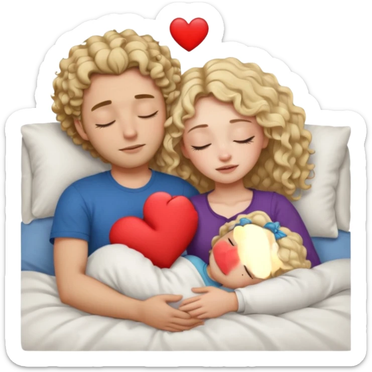 cuddling in bed, asleep. wavy haired blonde girl. man with curly,  dark brown hair. eyes closed. heart between them. no headboard sticker