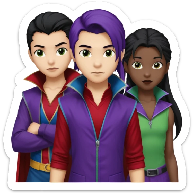 Solo poly platonic relationship, one African girl, one Asian boy, one biracial features Asian tomboy girl rat-tail hair long and upper masculine hair 90s, vampire and marvel cosplay elements inspired  use marvel race, like instead of obvious human, green purple blue etc,  sticker