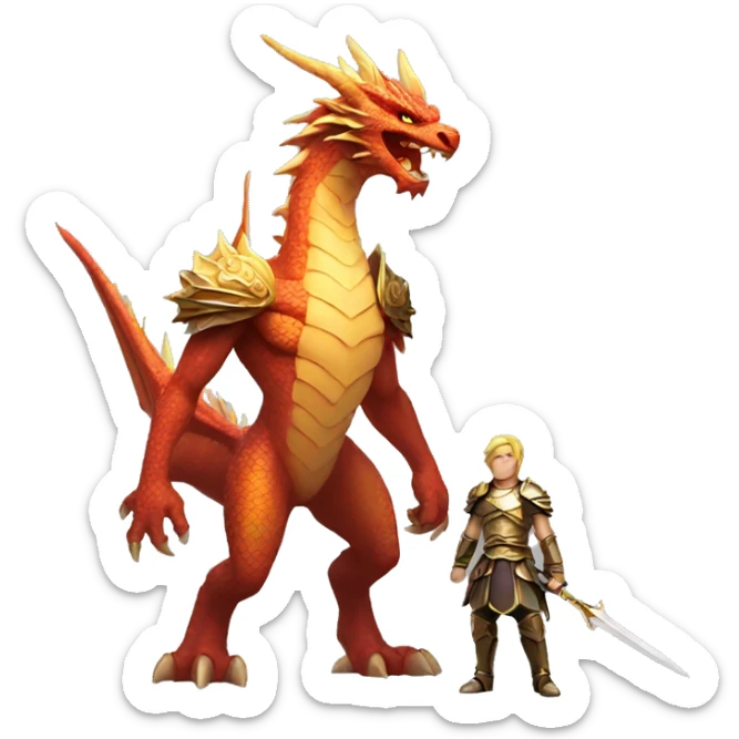 A powerful warrior standing in front of a dragon The dragon looks angrily at the warrior with its golden points sticker