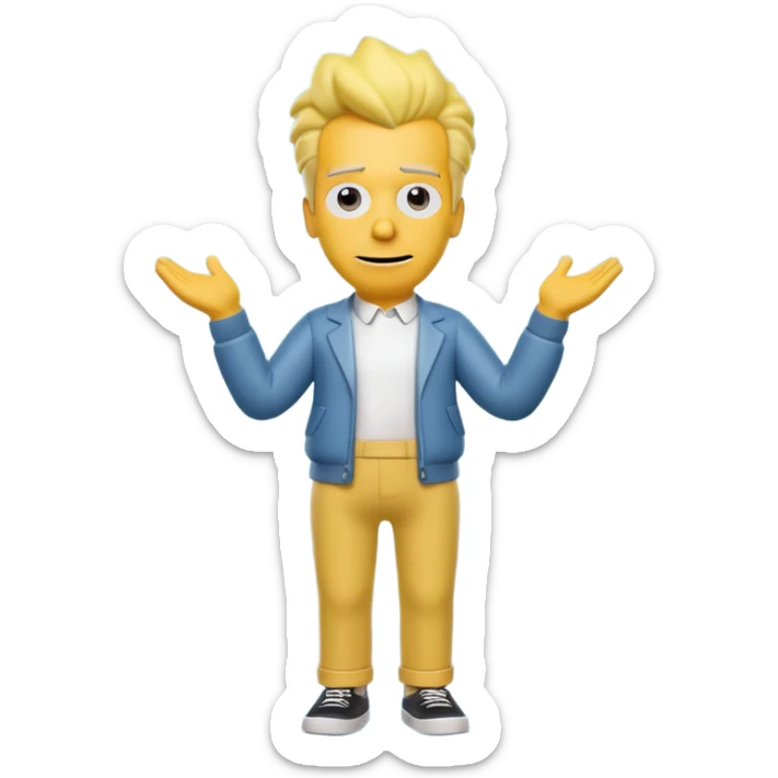 A 3D cartoon male character entirely in yellow, including skin, hair, and clothing, standing confidently, cheerful expression, full-body Memoji-style render with smooth shading, matching the Simpsons style. sticker