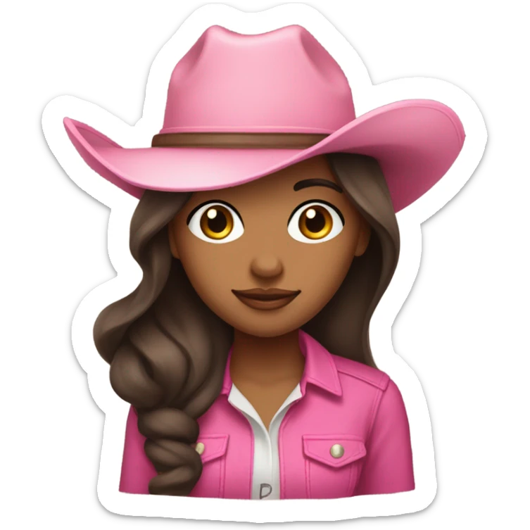 Light Brown girl with very long dark brown hair wearing a pink cowgirl hat sticker