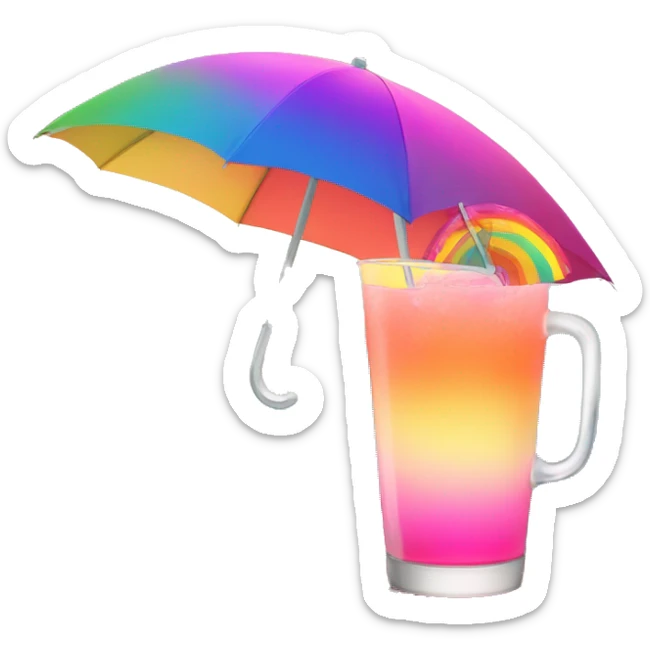 In ombre pink lemonade glass with a rainbow umbrella in it and sitting on the sun with a sunset in the background sticker