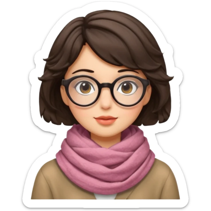 A shy brunette hair wavy short hair woman with big round glasses and thick scarf, blushing from the cold. sticker
