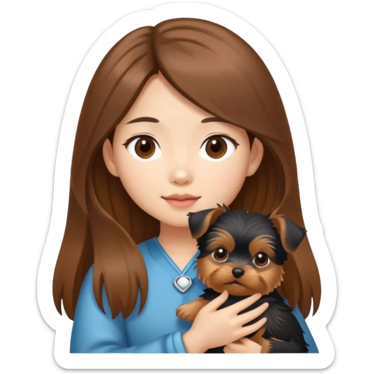 A fair-skinned Asian girl with center-parted long brown hair holding a Yorkie puppy sticker