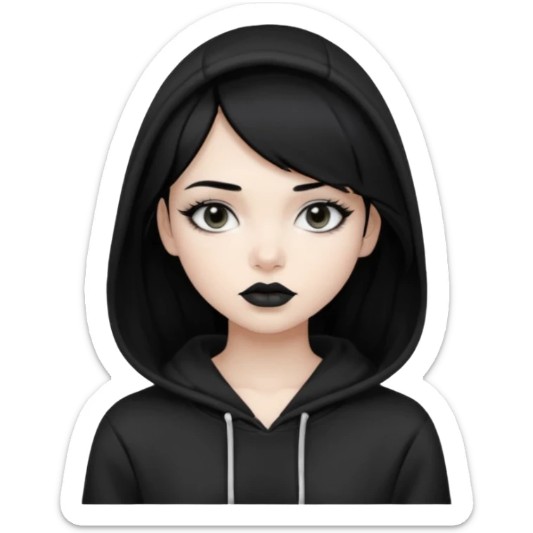 Black haired girl, silver eyes, black lipstick, white skin, black hoodie sticker