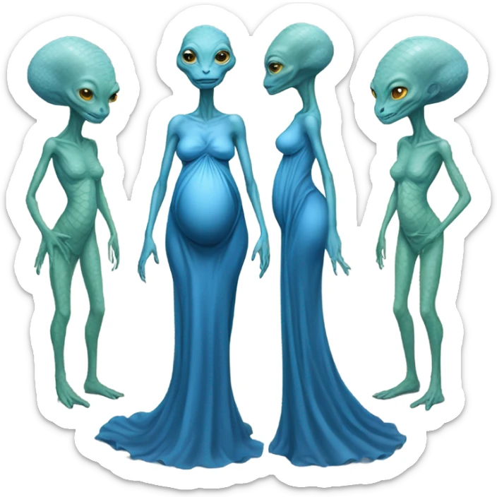 Pregnant Reptilian alien woman, full body in blue dress sticker
