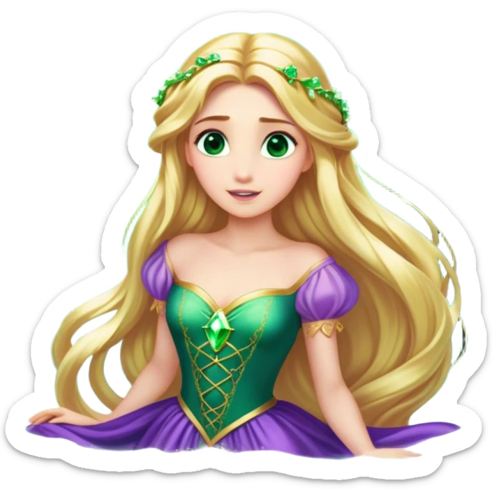 Cinematic Stunning Rapunzel Portrait Emoji, Golden hair cascading in a luminous waterfall, big emerald-green eyes full of wonder, wearing her iconic purple gown, radiating beauty and magic, glowing with fairy-tale charm! sticker