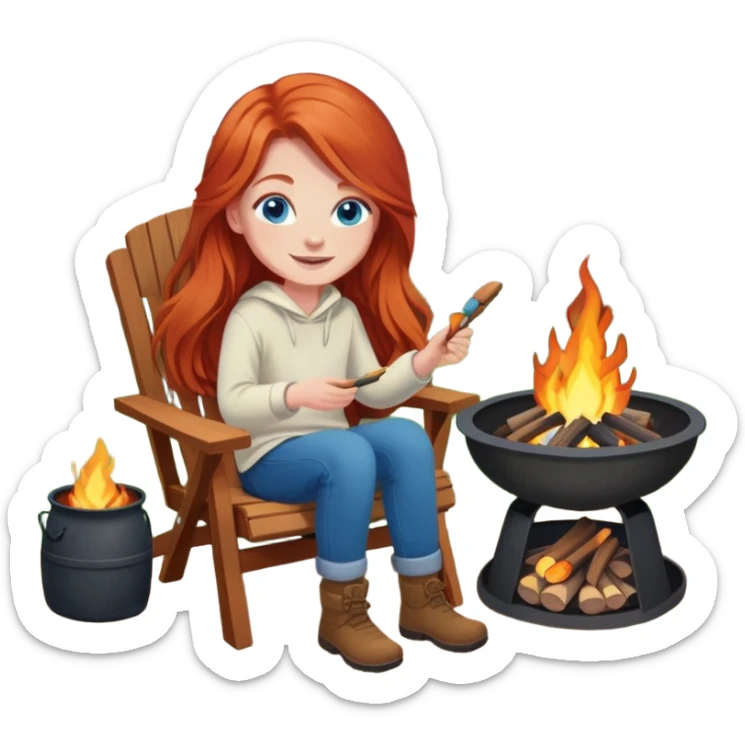 Happy redhead with long hair and blue eyes in chair beside fire pit in backyard sticker