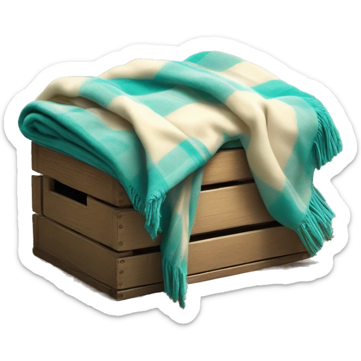 Realistic isolated teal and cream color plaid blanket draped across wooden crate box with matching book on top of blanket. sticker