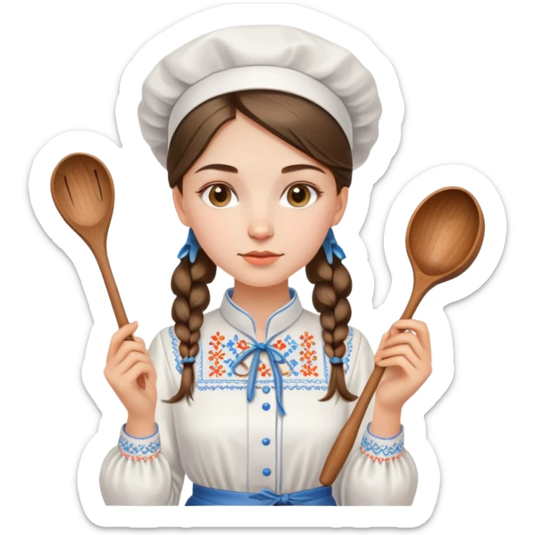 Ukrainian young girl in a white embroidered traditional shirt holding cooking tools like spoon and ladle sticker