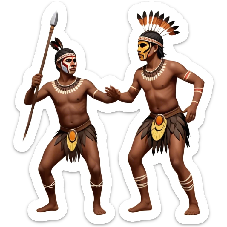 Cinematic Realistic scene of two indigenous male aboriginals performing an Aboriginal Corroboree, adorned in traditional body paint, A corroboree is an Australian Aboriginal ceremonial meeting. It usually includes celebration of Aboriginal mythology and spirituality, which is based in the Dreaming sticker