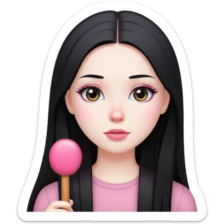 kid witch is a girl with long strait black hair pale skin and casual makeup with pink ch sticker