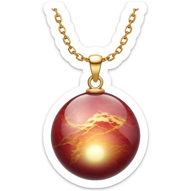 A polished round ball wine granite pendant suspended from a delicate gold chain, like a drop of enchanted starlight, glowing with the warmth of passion and the quiet power of transformation ethereal sticker