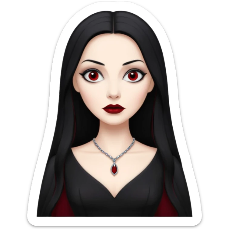 Create a realistic portrait of Morticia Addams with long black hair, elegant black dress & sharp gaze. sticker