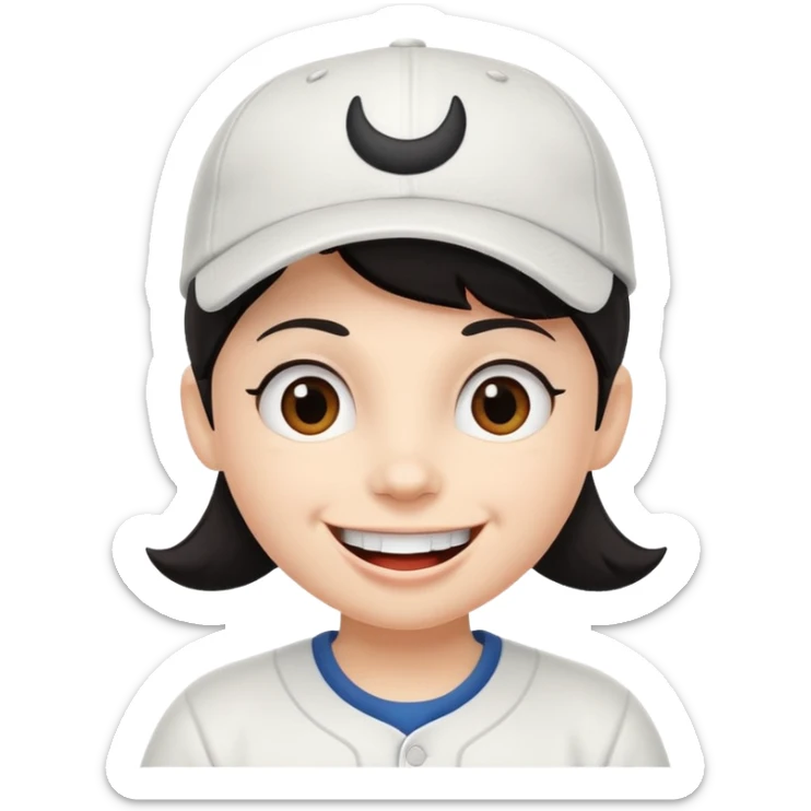 Digital illustration of a cartoon character with a big smile on its face. The character has dark hair and is wearing a white baseball cap. The overall style of the illustration is cute and playful. sticker