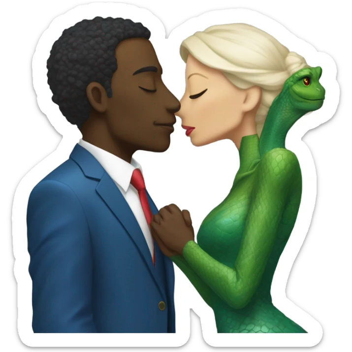 Beatiful tall green skin female reptilian in red dress, kissing white man in blue dress, full figure, full body sticker