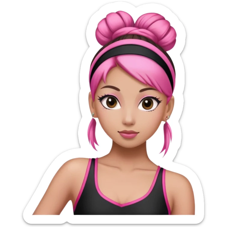 a dancer in a black and pink outfit with a sleek bun tied with a pink hairband." sticker