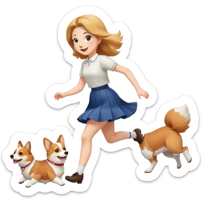 A beautiful girl with fair skin happily chases a corgi in a skirt sticker